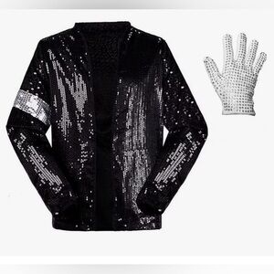 Adult Sequin Jacket and Glove Set - Black and Silver
